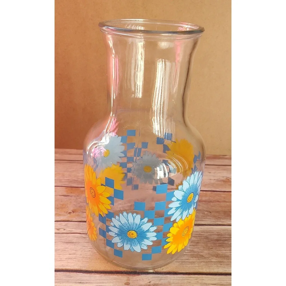 Vintage  Orange Yellow Blue Daisy Carafe Decanter No lid